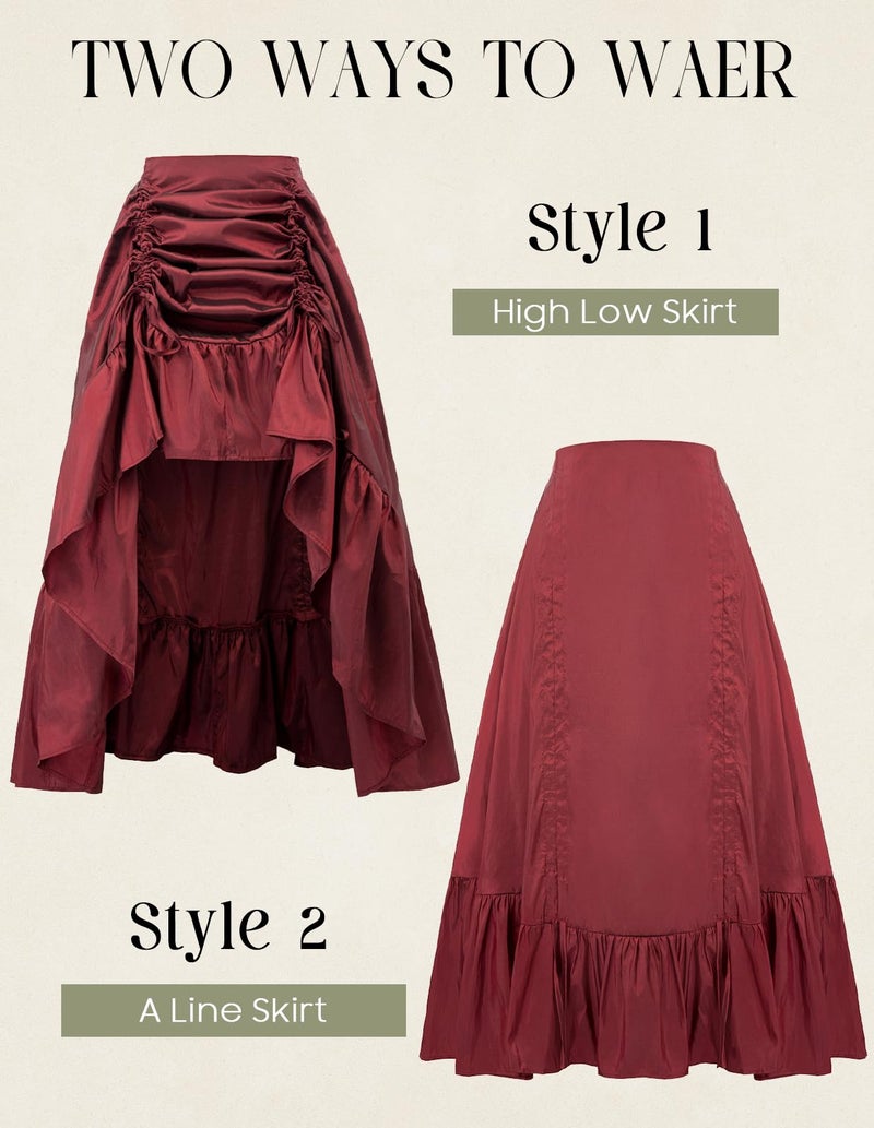 Scarlet Darkness Renaissance Maxi Skirts for Women Steampunk Victorian Skirts Hig-Low Pirate Costume Wine S - Image 2